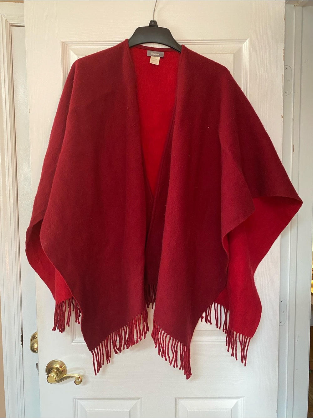 Neiman Marcus Red Burgundy Merino Wool Poncho Shawl Wrap